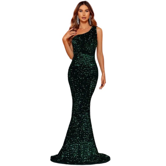 Elegant One-Shoulder Flowing Silhouette Dress Dark Green